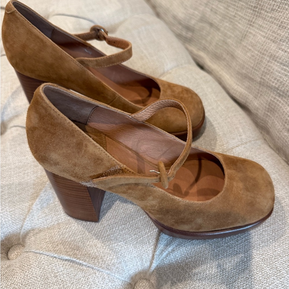 Anthropologie Suede Mary Jane Block Heels - Tan